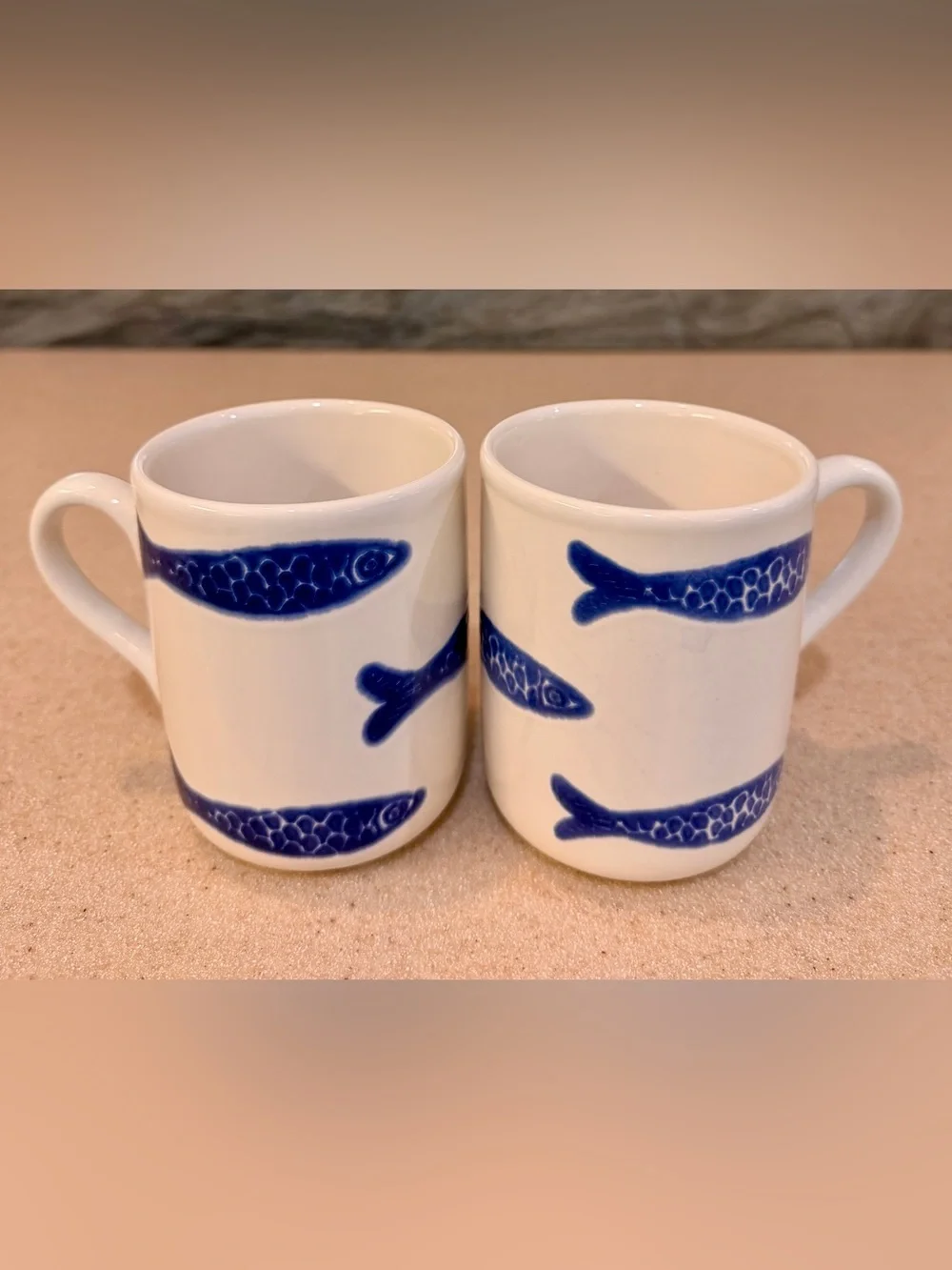 Blue Fish Ceramic Coffee Mugs Tea Cups White & Blue CMG Portugal Tall - Set of 2